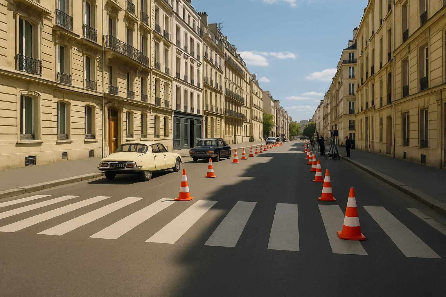 Rue parisienne neutralisée la nuit pour un tournage, avec plots et éclairage urbain