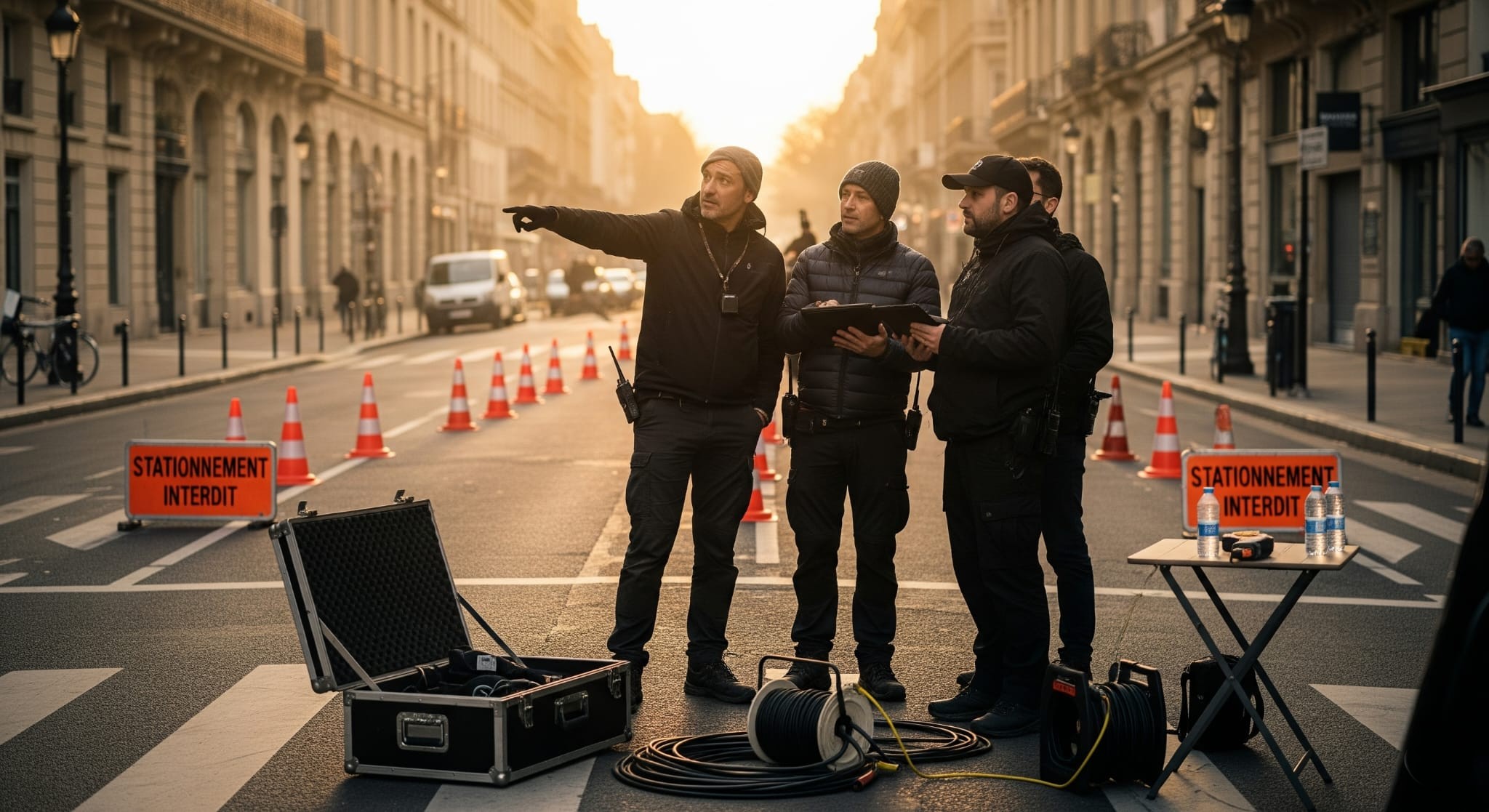 Scène de tournage de la série En Place pour Netflix, un projet de logistique géré par BMS Ventouse.