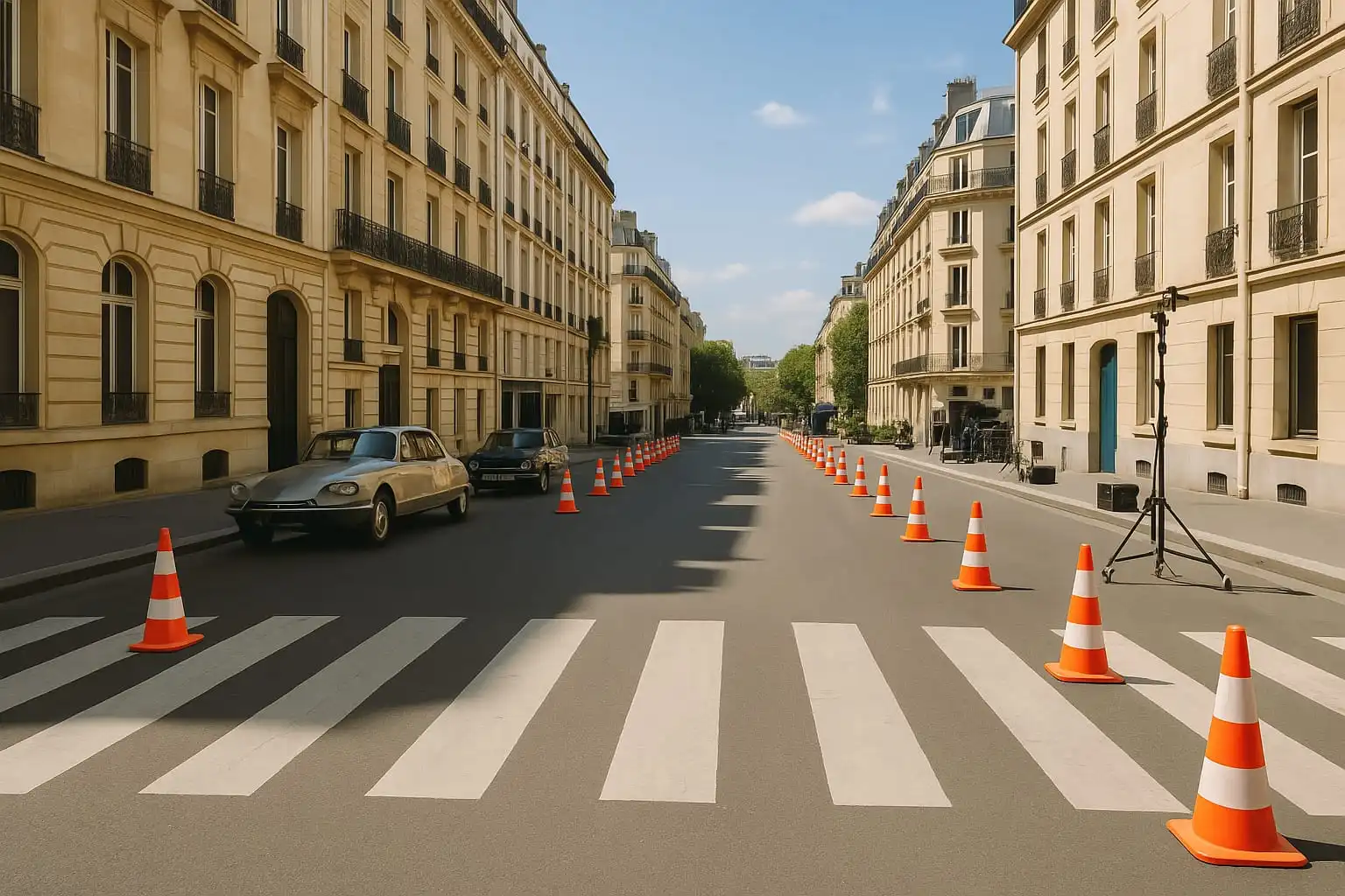 Équipe de tournage en action dans une rue sécurisée par BMS Ventouse