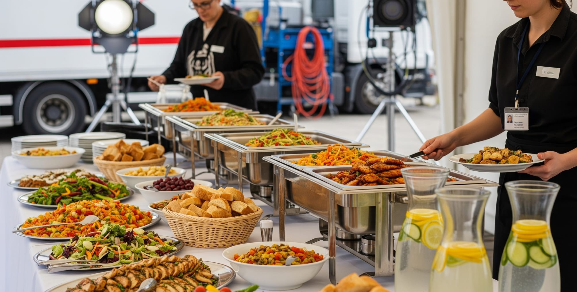 Service de cantine et catering par des traiteurs partenaires pour les équipes de tournage.