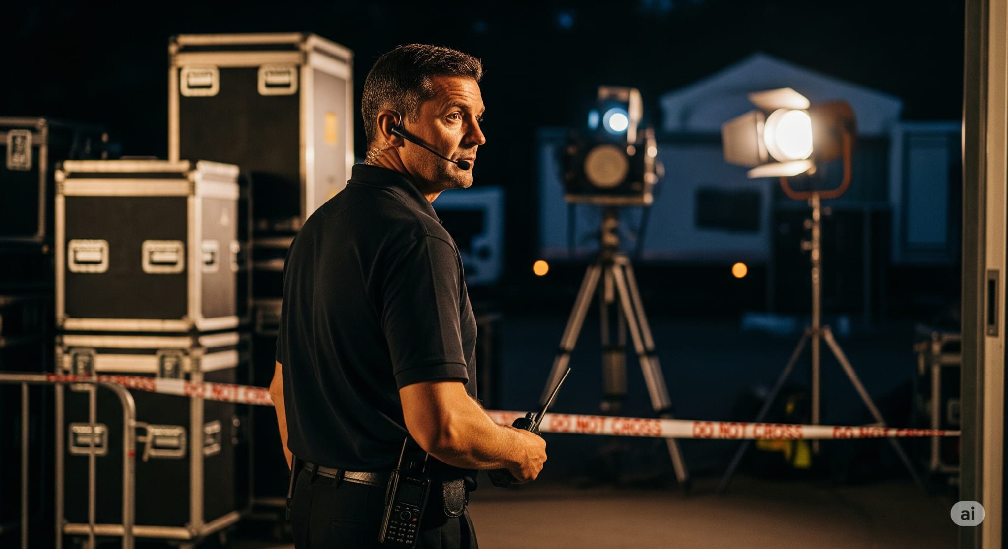 Agent de sécurité équipé d'un talkie-walkie assurant le gardiennage d'un plateau de tournage.