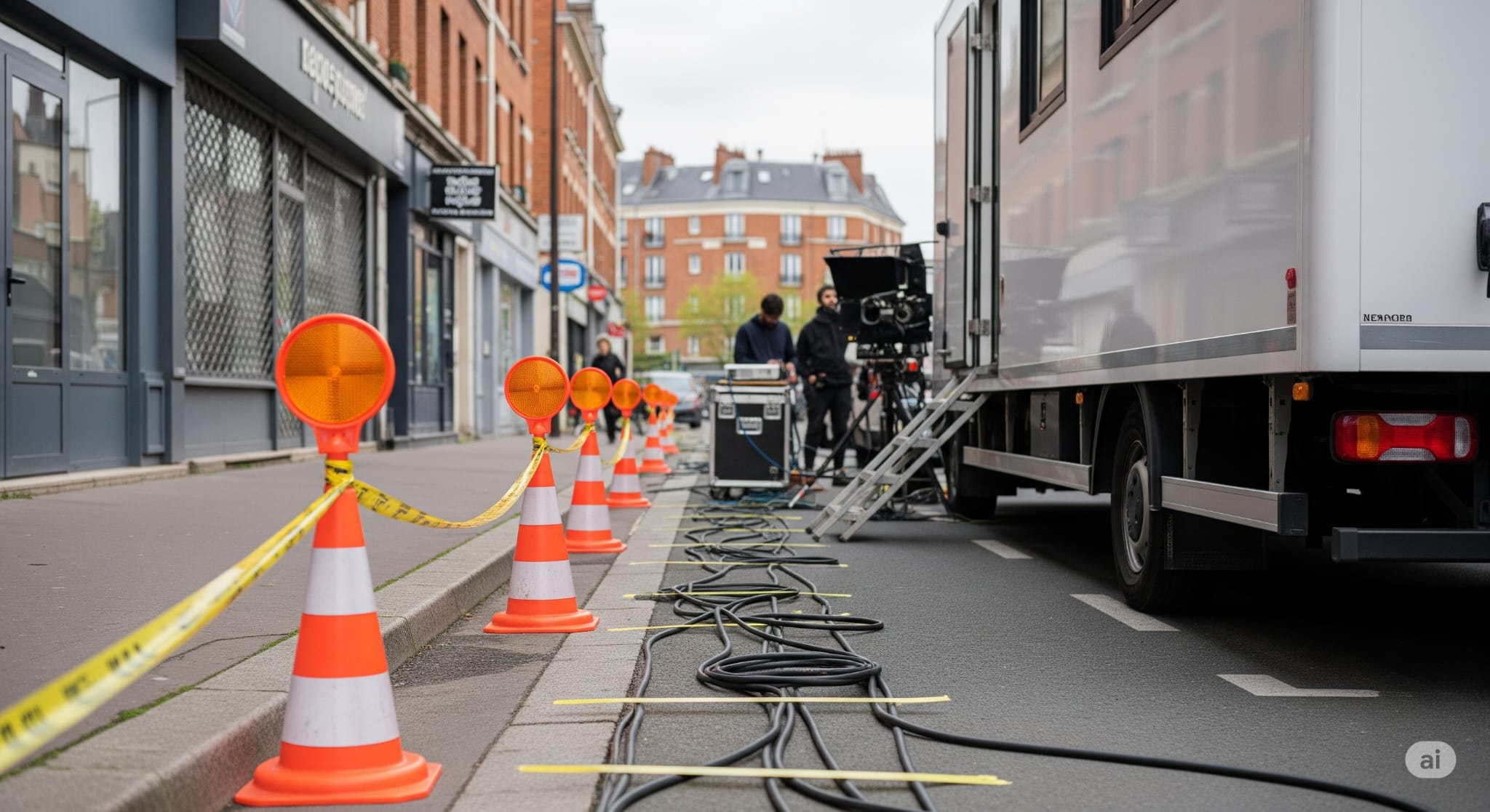 Rues de Paris neutralisées pour un tournage avec cônes et panneaux de stationnement interdit.